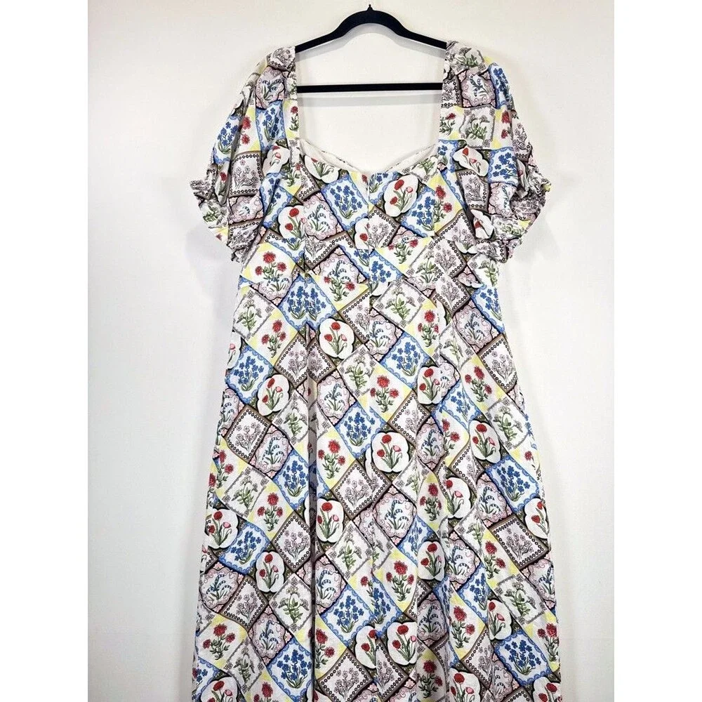 Boden Midi Dress Blue Sweetheart Linen Floral Patchwork Puff Sleeve Boho 20/22